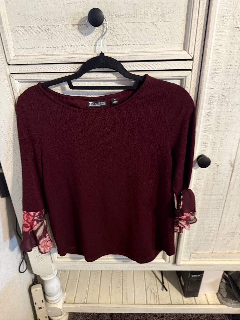 New York & Company Burgundy Long Sleeve Top with Floral Tie Cuffs